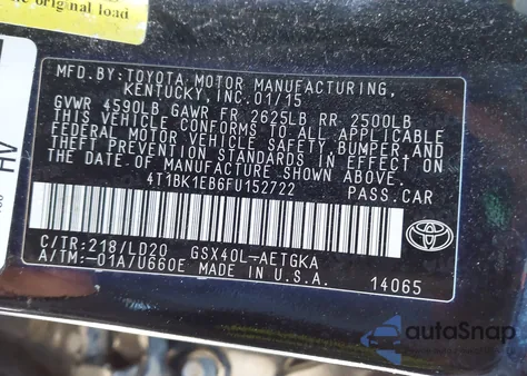 2015 Toyota Avalon Xle из США, поврежденный, VIN 4T1BK1EB6FU152722